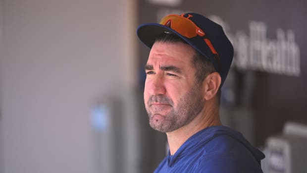 Jul 9, 2023; San Diego, California, USA; (Editors Notes: Caption Correction) New York Mets starting pitcher Justin Verlander (35) looks on before the game against the San Diego Padres at Petco Park. Mandatory Credit: Orlando Ramirez-USA TODAY Sports
